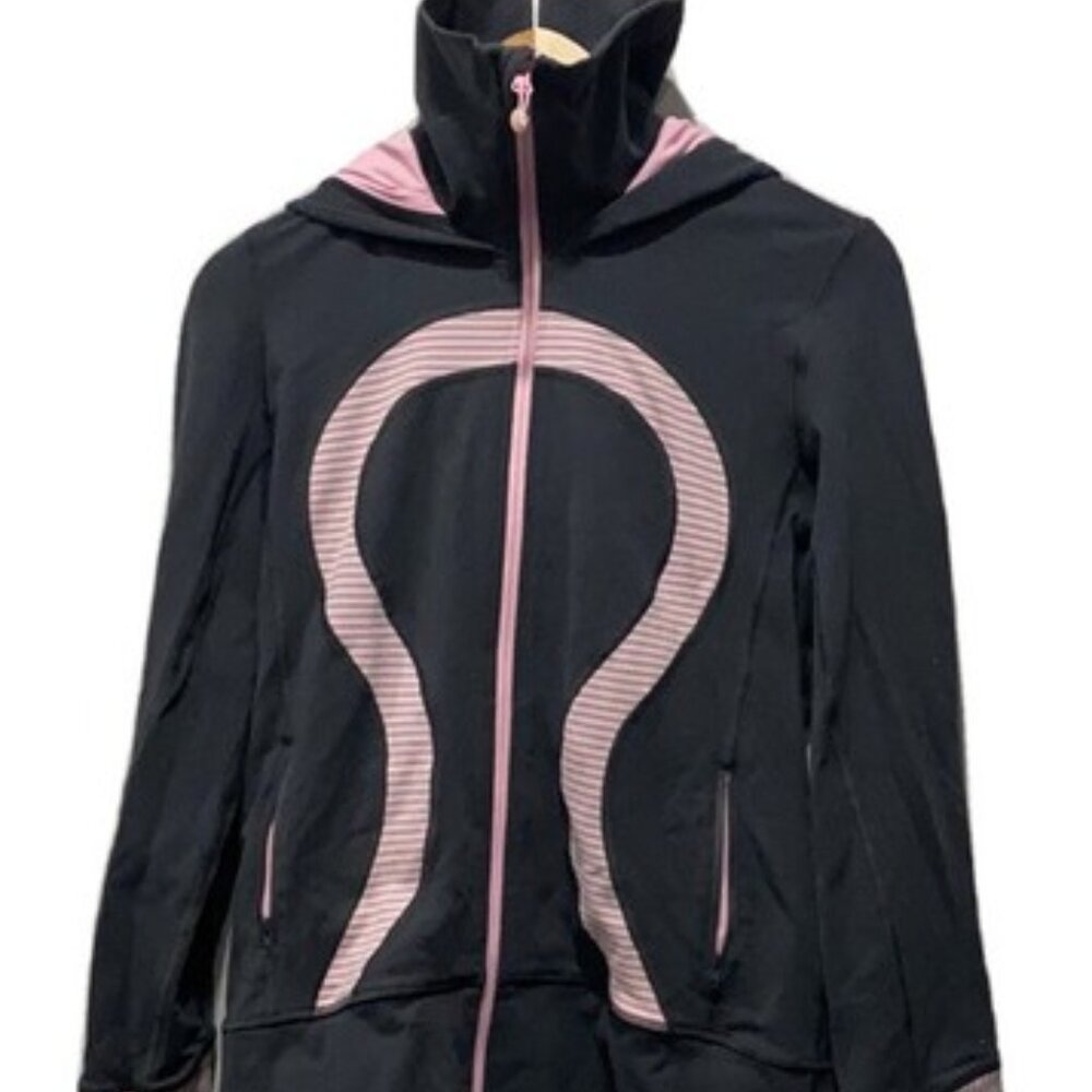 Lululemon Stride Jacket Full Zip Hooded Heathered Gray Pink Thumbholes sz 8